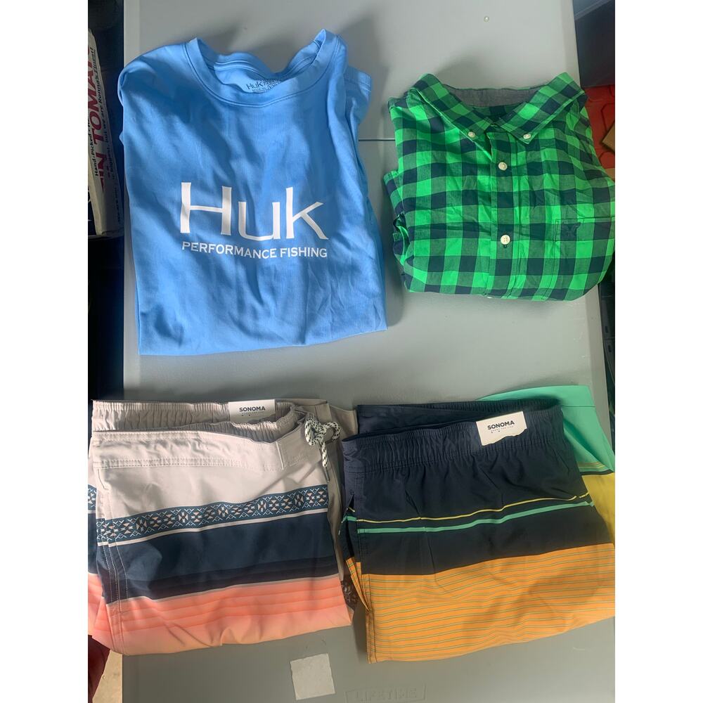 Men’s XXL Summer Bundle – Huk Fishing Shirt Board Shorts NWT Sonoma Lot 4 Pc